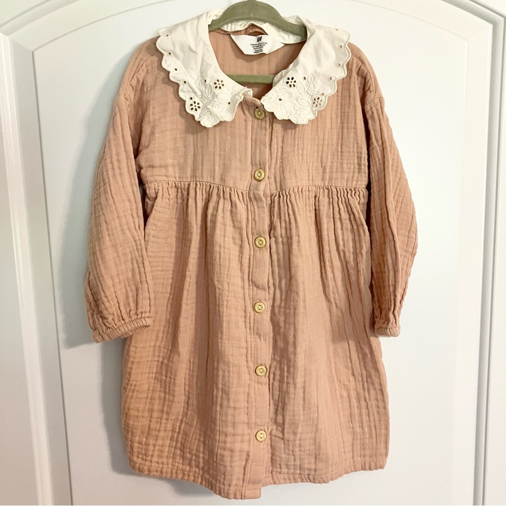 H&M dusty pink collared long sleeve double-weave 100% organic cotton dress Sz 4T